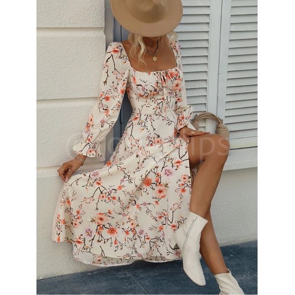 Floral Dress Square Neck Fit & Flare Maxi Long Sleeve Leg Slit Front Ties Beige - Picture 2 of 10